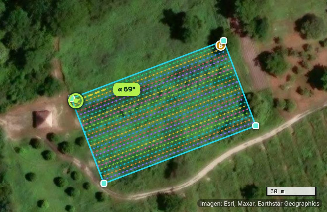 Siembro con el lote de ejemplo: 962 plantas de banano en tresbolillo sobre la imagen satelital